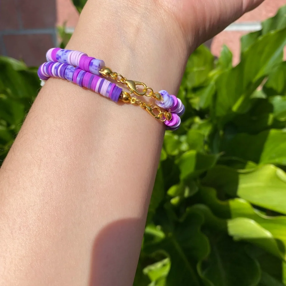 Hand Made -Purple Be Happy Beaded Bracelet with white/gold stars - Picture 5 of 7